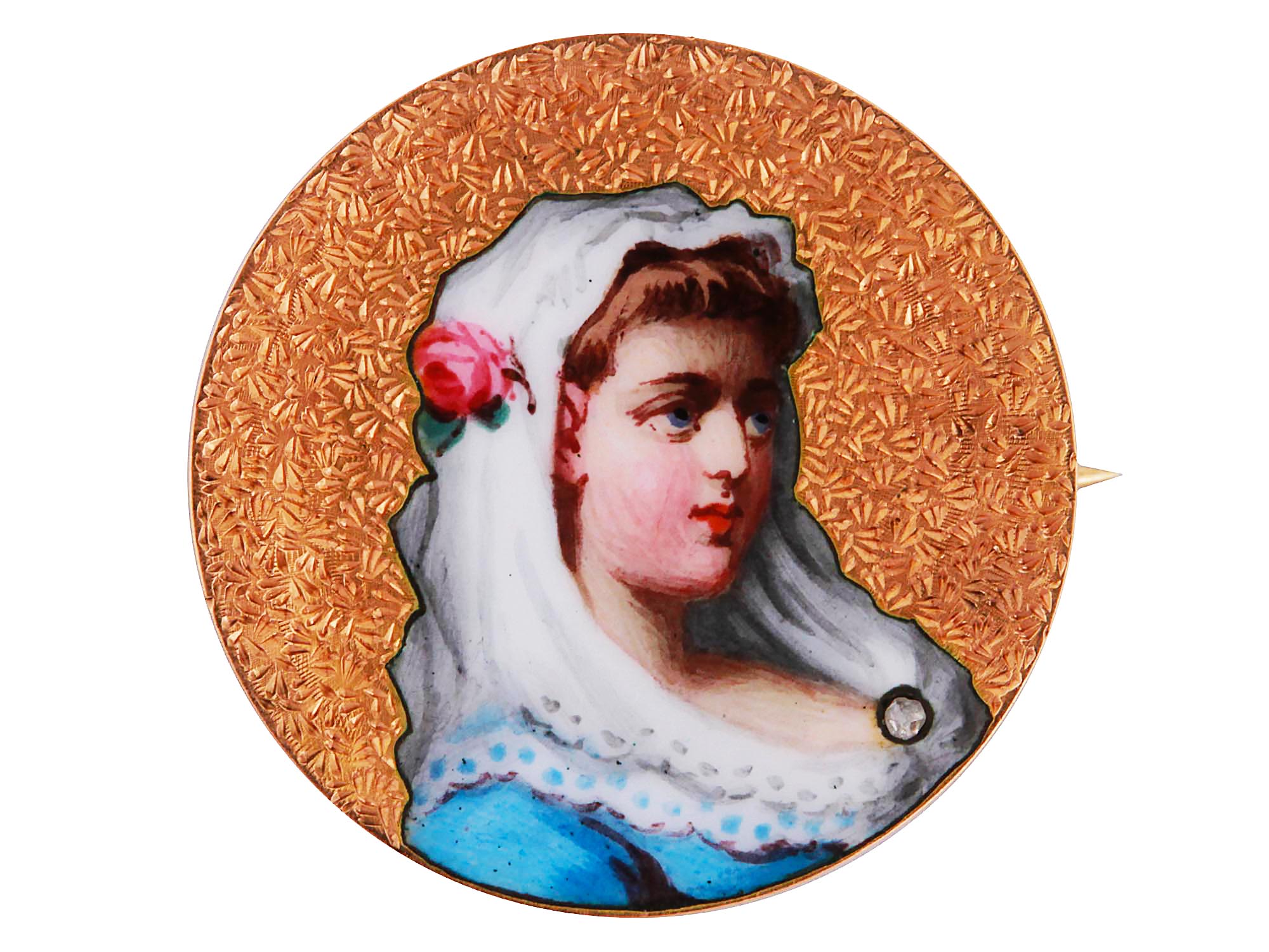 14K GOLD AND HAND PAINTED ENAMEL MINIATURE BROOCH PIC-0
